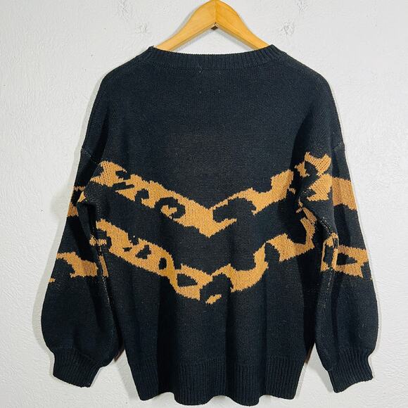 Grace & Emma Crewneck Sweater Knit Casual Long Sleeve Black Tan - M - Picture 3 of 6